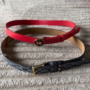 Michael Kors Belt Bundle Red Leather Tortoise MK Logo & Grey Monogrm Print Small